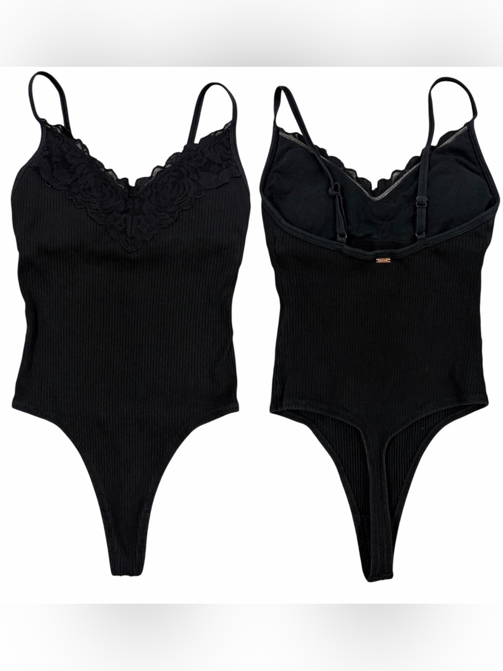 Victoria's Secret PINK Black Ribbed Lace Trim Body Suit